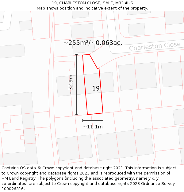 19, CHARLESTON CLOSE, SALE, M33 4US: Plot and title map