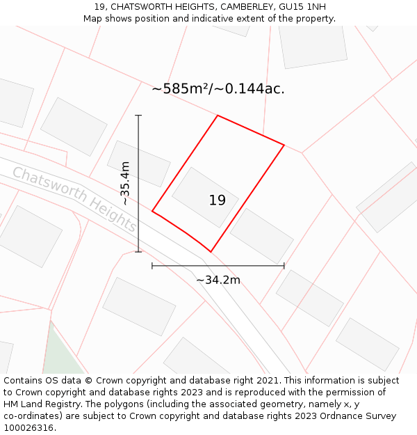 19, CHATSWORTH HEIGHTS, CAMBERLEY, GU15 1NH: Plot and title map