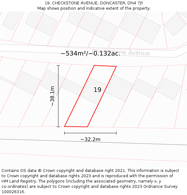 19, CHECKSTONE AVENUE, DONCASTER, DN4 7JY: Plot and title map