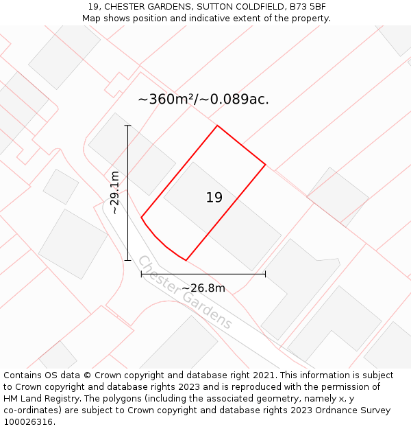 19, CHESTER GARDENS, SUTTON COLDFIELD, B73 5BF: Plot and title map