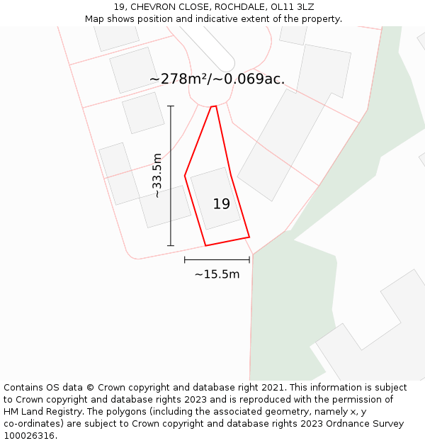 19, CHEVRON CLOSE, ROCHDALE, OL11 3LZ: Plot and title map