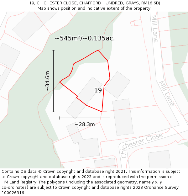 19, CHICHESTER CLOSE, CHAFFORD HUNDRED, GRAYS, RM16 6DJ: Plot and title map