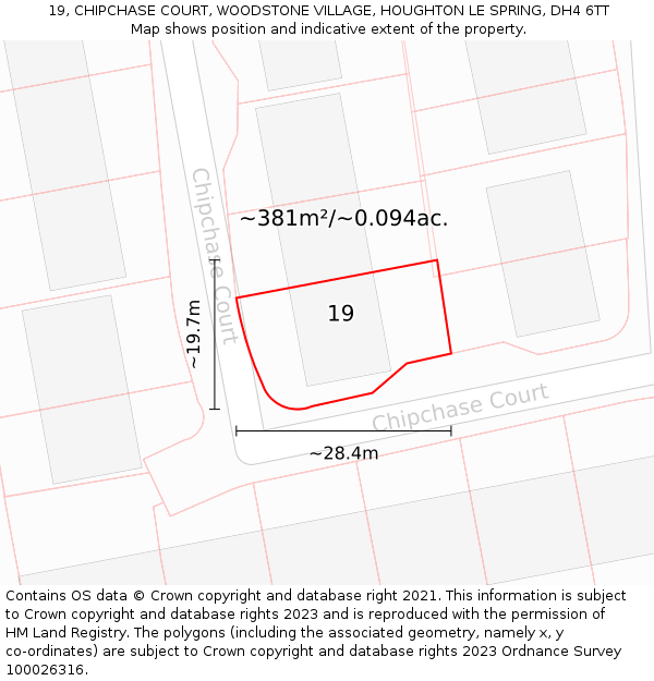 19, CHIPCHASE COURT, WOODSTONE VILLAGE, HOUGHTON LE SPRING, DH4 6TT: Plot and title map