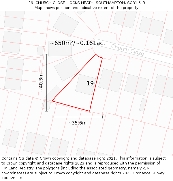 19, CHURCH CLOSE, LOCKS HEATH, SOUTHAMPTON, SO31 6LR: Plot and title map