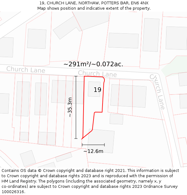 19, CHURCH LANE, NORTHAW, POTTERS BAR, EN6 4NX: Plot and title map