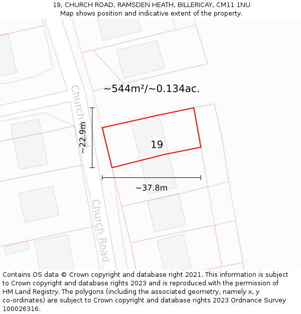 19, CHURCH ROAD, RAMSDEN HEATH, BILLERICAY, CM11 1NU: Plot and title map