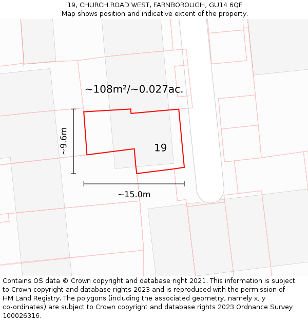 19, CHURCH ROAD WEST, FARNBOROUGH, GU14 6QF: Plot and title map