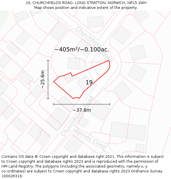 19, CHURCHFIELDS ROAD, LONG STRATTON, NORWICH, NR15 2WH: Plot and title map