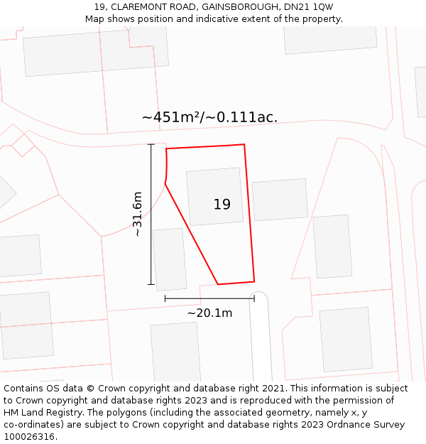 19, CLAREMONT ROAD, GAINSBOROUGH, DN21 1QW: Plot and title map