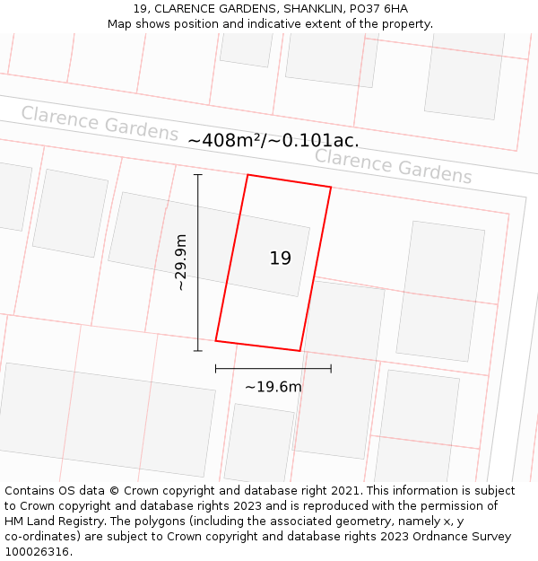 19, CLARENCE GARDENS, SHANKLIN, PO37 6HA: Plot and title map