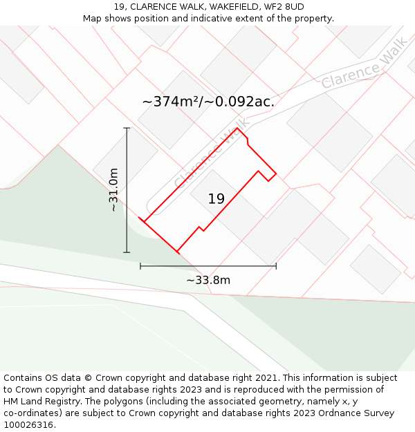 19, CLARENCE WALK, WAKEFIELD, WF2 8UD: Plot and title map