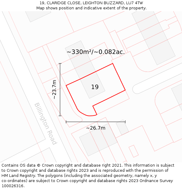 19, CLARIDGE CLOSE, LEIGHTON BUZZARD, LU7 4TW: Plot and title map