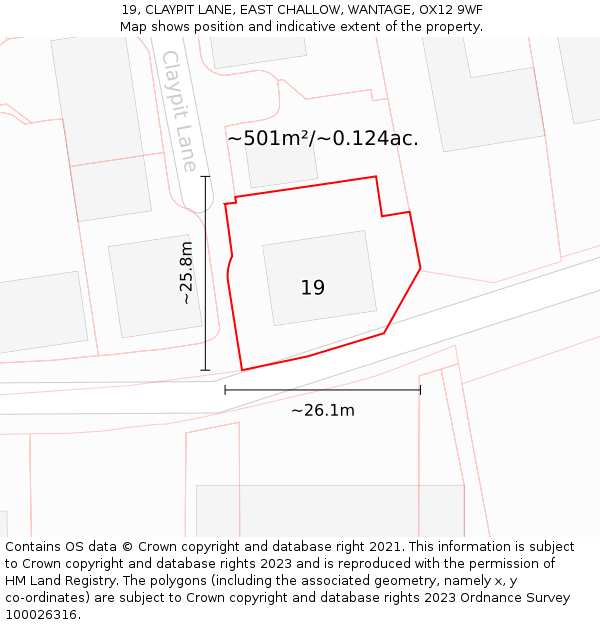 19, CLAYPIT LANE, EAST CHALLOW, WANTAGE, OX12 9WF: Plot and title map