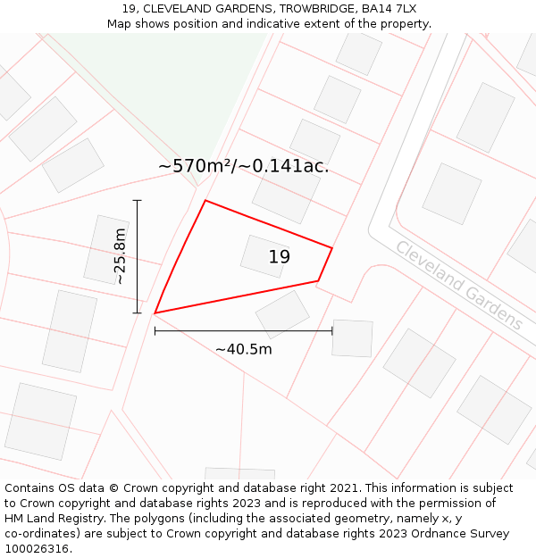 19, CLEVELAND GARDENS, TROWBRIDGE, BA14 7LX: Plot and title map