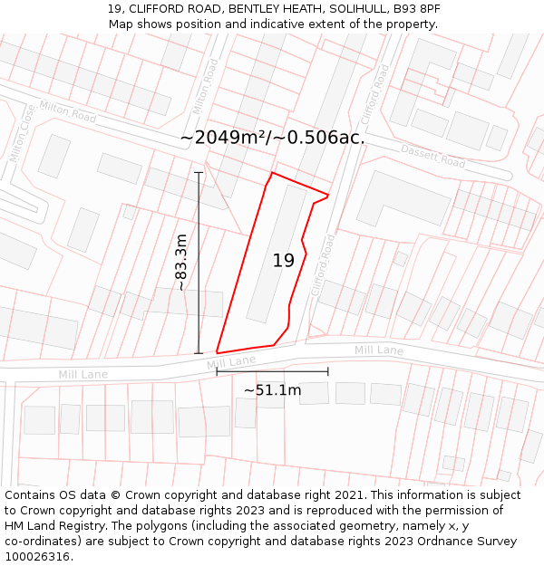 19, CLIFFORD ROAD, BENTLEY HEATH, SOLIHULL, B93 8PF: Plot and title map