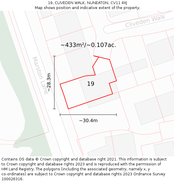 19, CLIVEDEN WALK, NUNEATON, CV11 4XJ: Plot and title map