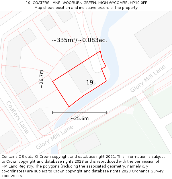 19, COATERS LANE, WOOBURN GREEN, HIGH WYCOMBE, HP10 0FF: Plot and title map