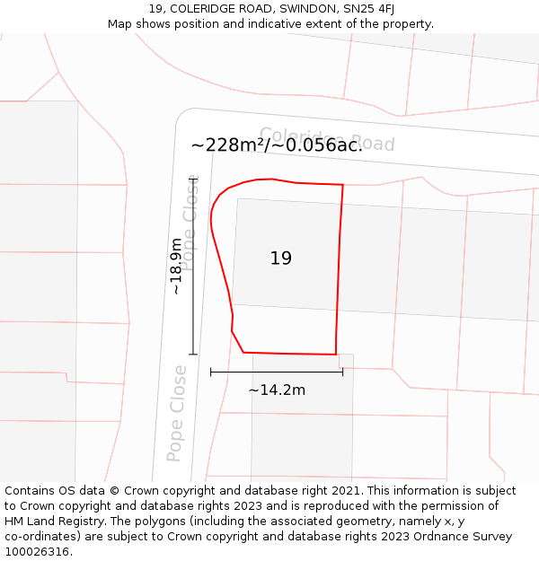 19, COLERIDGE ROAD, SWINDON, SN25 4FJ: Plot and title map