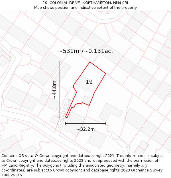 19, COLONIAL DRIVE, NORTHAMPTON, NN4 0BL: Plot and title map