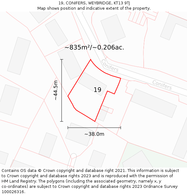 19, CONIFERS, WEYBRIDGE, KT13 9TJ: Plot and title map