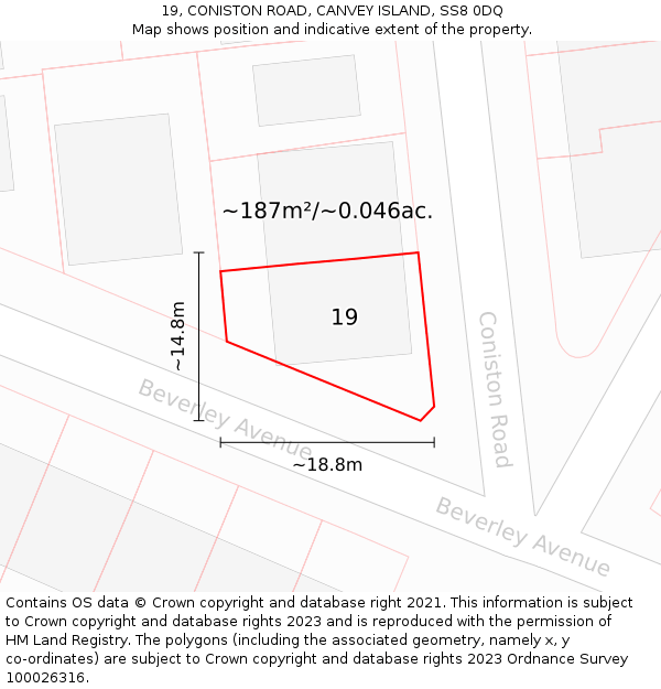 19, CONISTON ROAD, CANVEY ISLAND, SS8 0DQ: Plot and title map