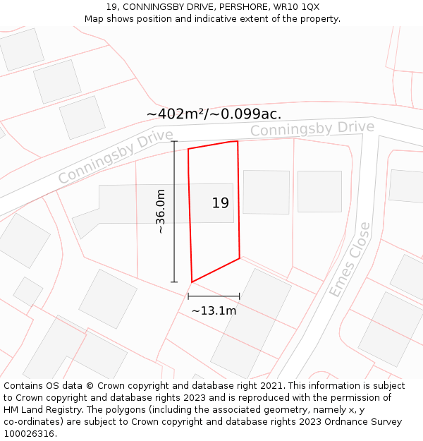 19, CONNINGSBY DRIVE, PERSHORE, WR10 1QX: Plot and title map