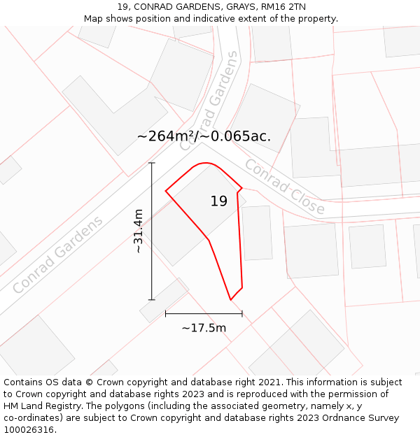 19, CONRAD GARDENS, GRAYS, RM16 2TN: Plot and title map