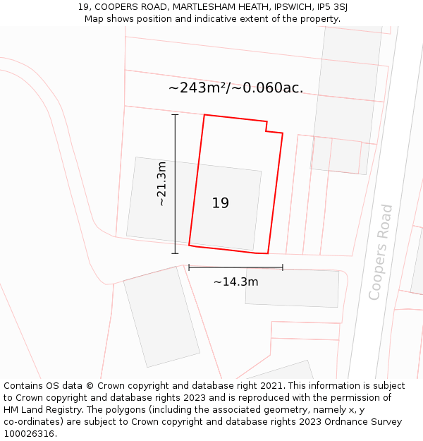 19, COOPERS ROAD, MARTLESHAM HEATH, IPSWICH, IP5 3SJ: Plot and title map