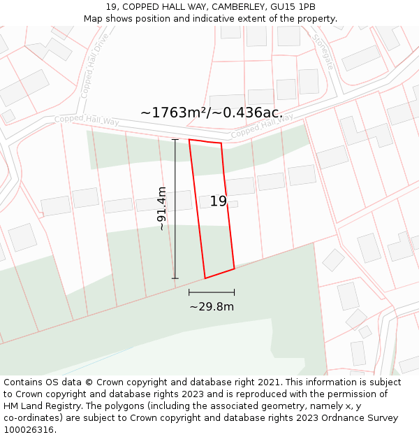 19, COPPED HALL WAY, CAMBERLEY, GU15 1PB: Plot and title map