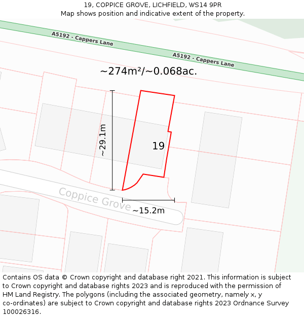 19, COPPICE GROVE, LICHFIELD, WS14 9PR: Plot and title map