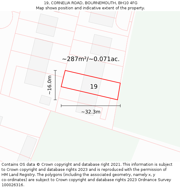 19, CORNELIA ROAD, BOURNEMOUTH, BH10 4FG: Plot and title map