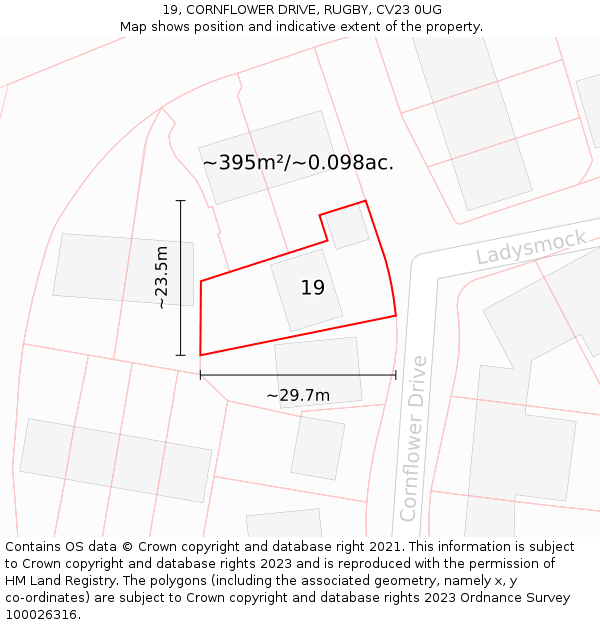 19, CORNFLOWER DRIVE, RUGBY, CV23 0UG: Plot and title map