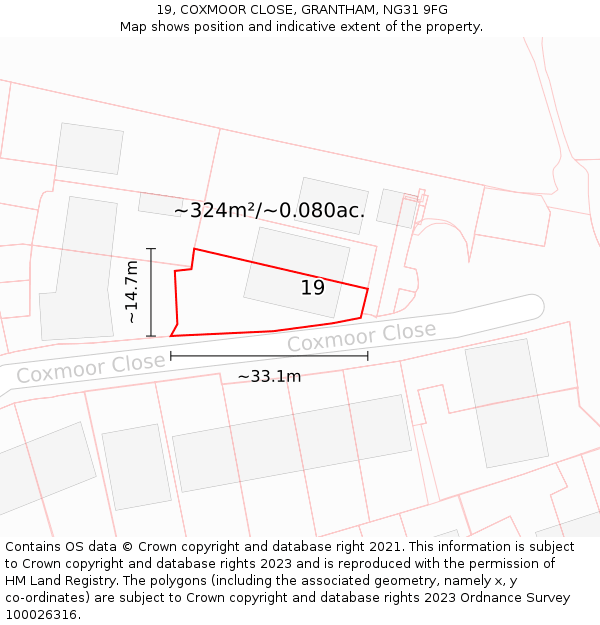 19, COXMOOR CLOSE, GRANTHAM, NG31 9FG: Plot and title map