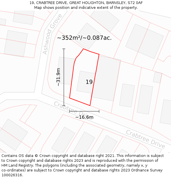 19, CRABTREE DRIVE, GREAT HOUGHTON, BARNSLEY, S72 0AF: Plot and title map