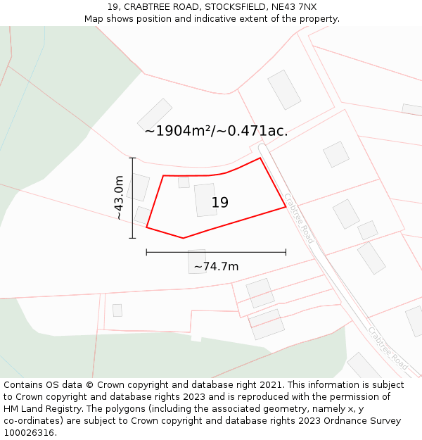 19, CRABTREE ROAD, STOCKSFIELD, NE43 7NX: Plot and title map