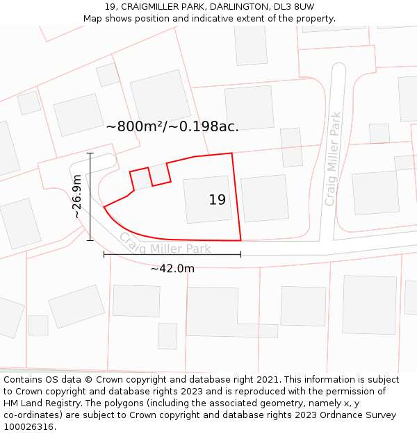 19, CRAIGMILLER PARK, DARLINGTON, DL3 8UW: Plot and title map