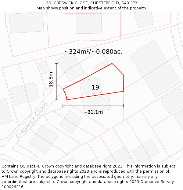 19, CRESWICK CLOSE, CHESTERFIELD, S40 3PX: Plot and title map