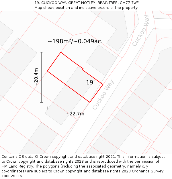 19, CUCKOO WAY, GREAT NOTLEY, BRAINTREE, CM77 7WF: Plot and title map