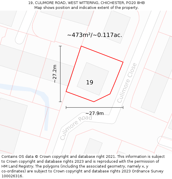 19, CULIMORE ROAD, WEST WITTERING, CHICHESTER, PO20 8HB: Plot and title map