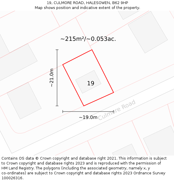 19, CULMORE ROAD, HALESOWEN, B62 9HP: Plot and title map