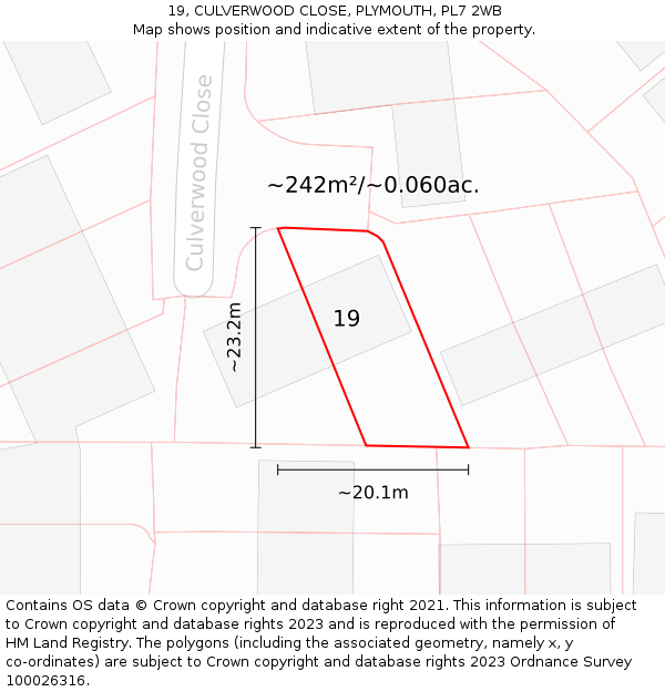 19, CULVERWOOD CLOSE, PLYMOUTH, PL7 2WB: Plot and title map