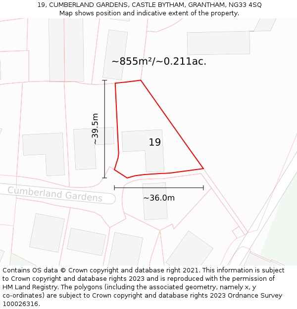 19, CUMBERLAND GARDENS, CASTLE BYTHAM, GRANTHAM, NG33 4SQ: Plot and title map