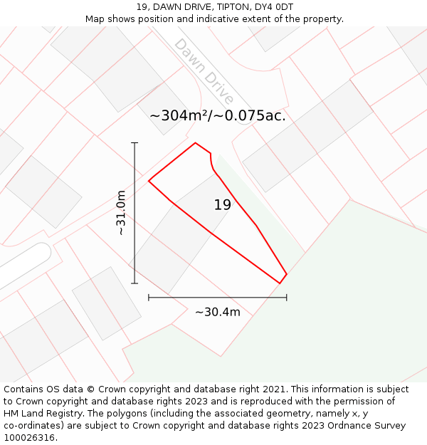 19, DAWN DRIVE, TIPTON, DY4 0DT: Plot and title map