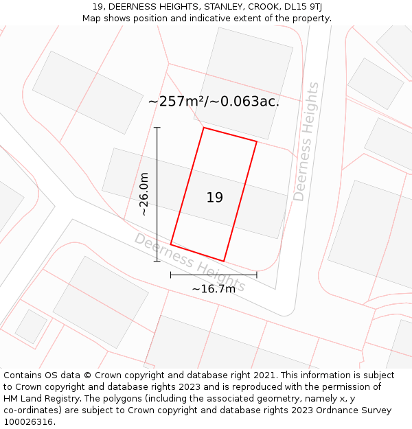 19, DEERNESS HEIGHTS, STANLEY, CROOK, DL15 9TJ: Plot and title map