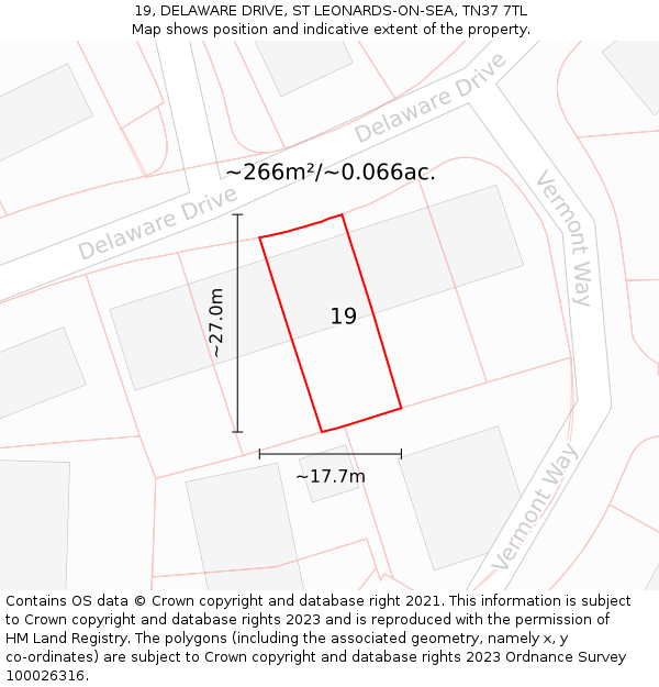 19, DELAWARE DRIVE, ST LEONARDS-ON-SEA, TN37 7TL: Plot and title map