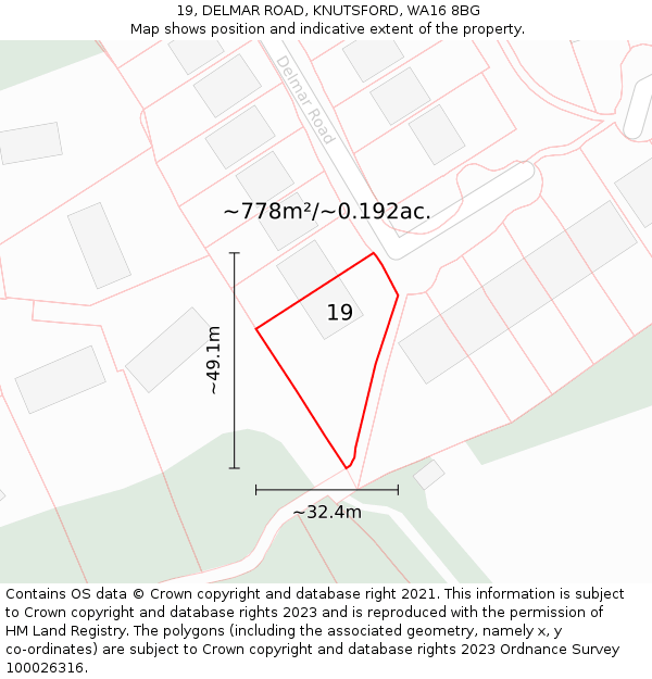 19, DELMAR ROAD, KNUTSFORD, WA16 8BG: Plot and title map