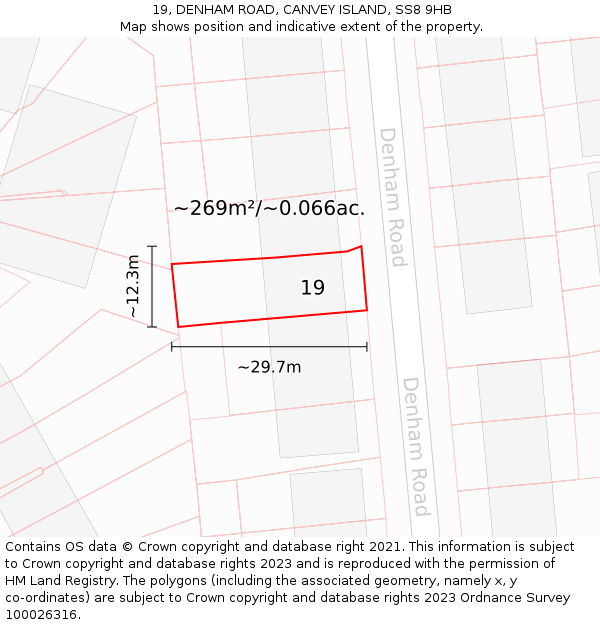 19, DENHAM ROAD, CANVEY ISLAND, SS8 9HB: Plot and title map