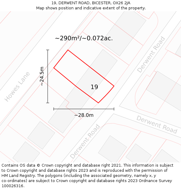 19, DERWENT ROAD, BICESTER, OX26 2JA: Plot and title map