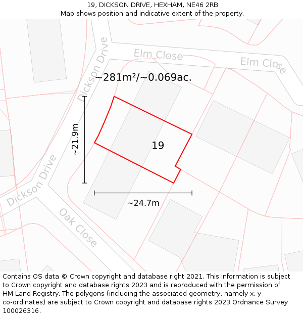 19, DICKSON DRIVE, HEXHAM, NE46 2RB: Plot and title map