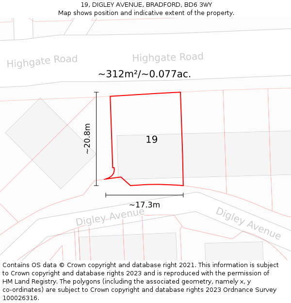 19, DIGLEY AVENUE, BRADFORD, BD6 3WY: Plot and title map